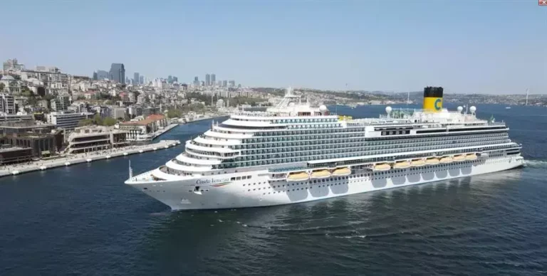 Cruise ship docking at Galataport Istanbul with Istanbul skyline in the background