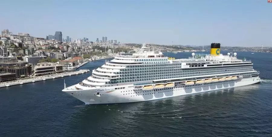 Cruise ship docking at Galataport Istanbul with Istanbul skyline in the background