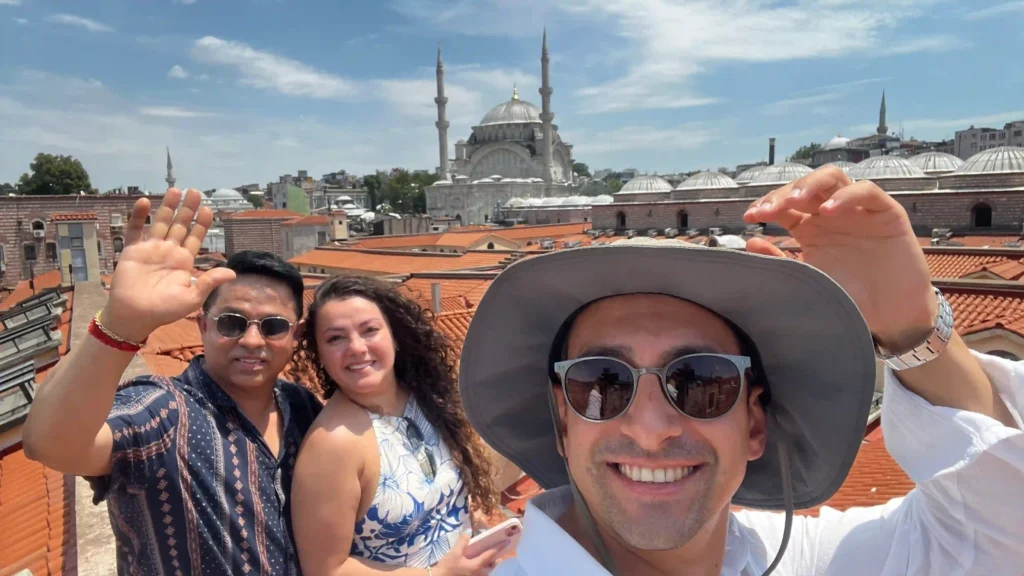 Local tour guide with cruise ship guests on a rooftop above the Grand Bazaar in Istanbul