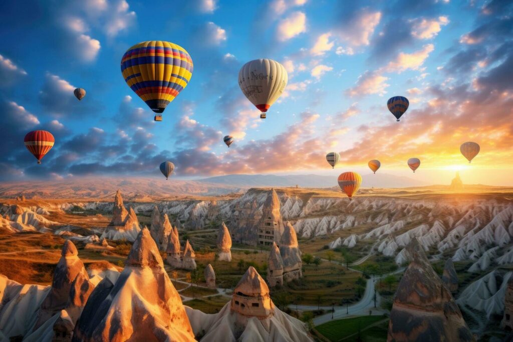 hot air balloons flying over cappadocia turkey hot air balloons flying over spectacular cappadocia ai generated free photo 1