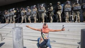 National Guard troops deployed on the streets of downtown Los Angeles during June 2025 protests and curfew period"