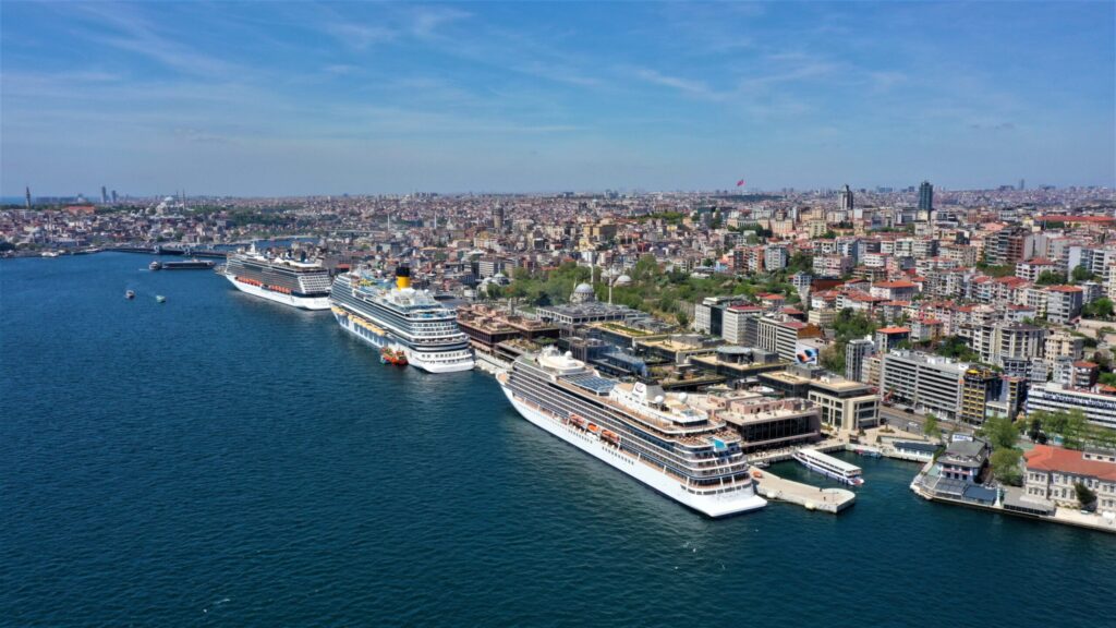Panoramic view of cruise ships docked at Galataport Istanbul Cruise Port