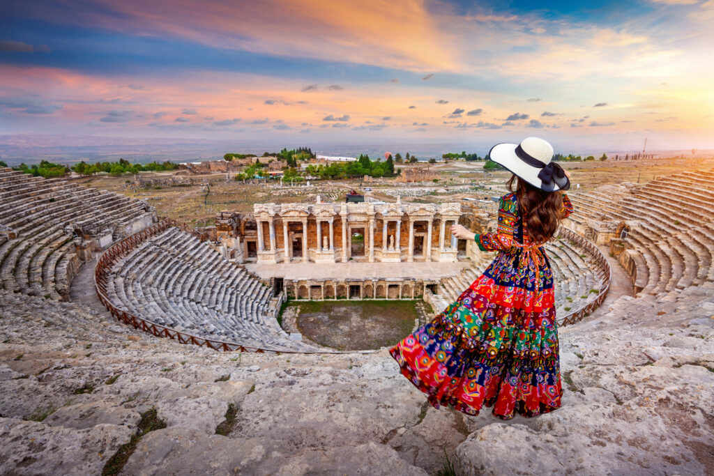 woman standing theater hierapolis ancient city pamukkale turkey